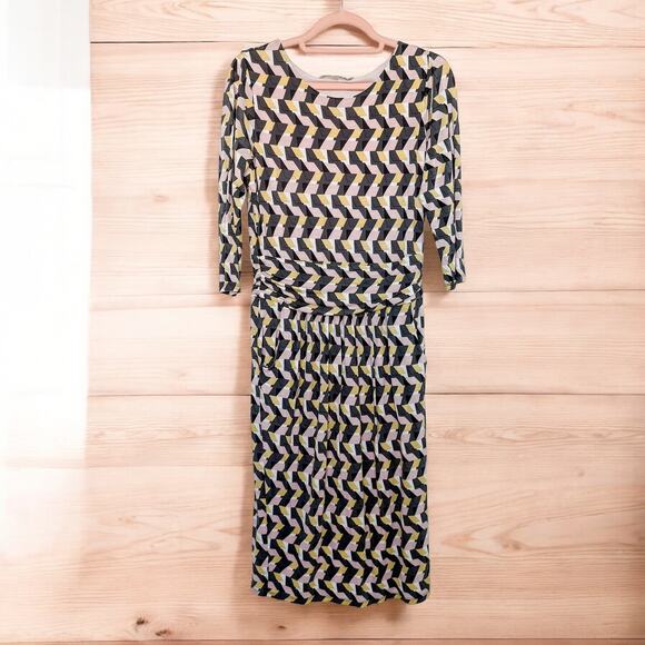 Boden Womens Dress‎ Sz 10 Long Geometric Print Midi Ruched Waist Mod Retro Artsy - Picture 1 of 7